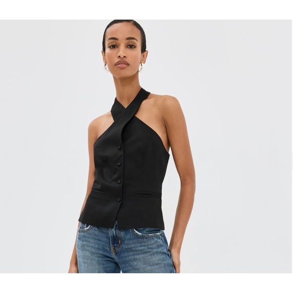 Reformation Tops - Reformation Tate Linen Halter Top Black Button Front Size 4 NWT